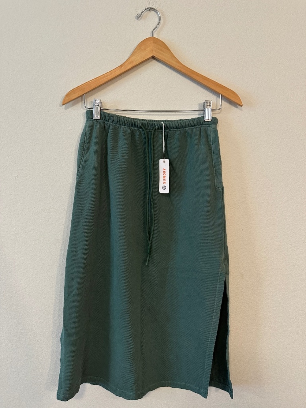 Sundry Academy Loden Green Cotton Terry Drawstring Midi Skirt NWT S